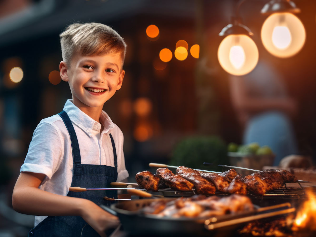 Young man working a grill.